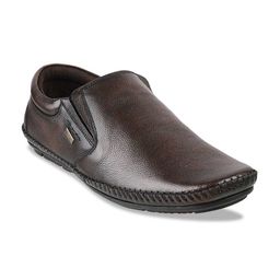 Metro Men Brown Textured Leather Formal Slip-Ons-image-14