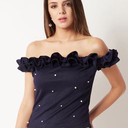 Miss Chase Women Navy Blue Embellished Bardot Top-image-65