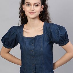 STREET 9 Navy Blue Solid Puff Sleeves Indigo Pure Cotton Denim Regular Top-image-60