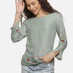 Campus Sutra Teal Green Floral Boat Neck Top-image-19