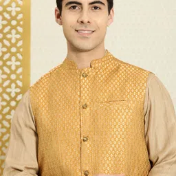 House of Pataudi Men Mustard Yellow & Gold-Toned Ethnic Motifs Woven Nehru Jacket-picture-15
