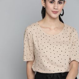 HERE&NOW Beige & Black Polka Dots Print Top-picture-34