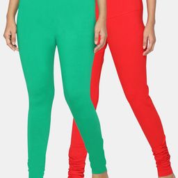 TSG Bliss Women Pack Of 2 Red & Green Solid Churidar Leggings-image-19