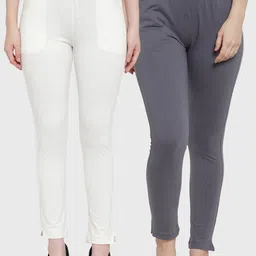 TAG 7 Women Pack Of 2 Grey & Off-White Solid Straight-Fit Ankle-Length Leggings-image-71