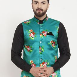 KLOTTHE Men Green & Pink Printed Satin Nehru Jacket-46