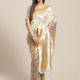 Saree mall Grey & Gold-Toned Floral Silk Blend Banarasi Sarees-picture-49