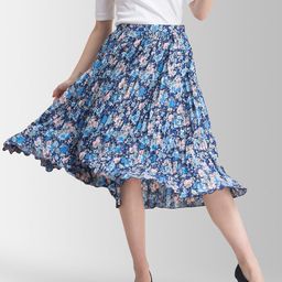 FableStreet Blue & Pink Floral Printed Pleated A-Line Midi Skirt-52