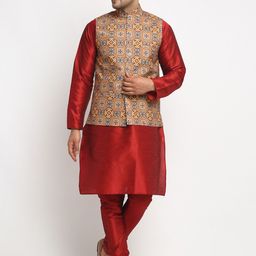 Benstoke Men Maroon Solid Kurta and Churidar With Nehru Jacket-picture-22