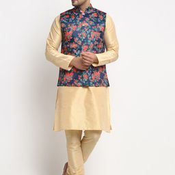 Benstoke Men Gold-Coloured  Solid Kurta with Churidar with printed nehru jacket-picture-9