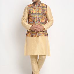 Benstoke Men Gold-Toned Solid Kurta with Pyjamas & Nehru Jacket-picture-2