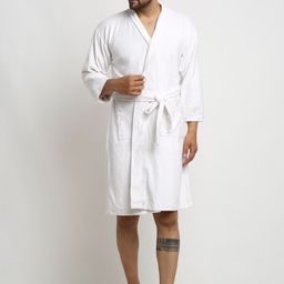 ELEVANTO Men White Solid Pure Cotton 180 GSM Bath Robe-12
