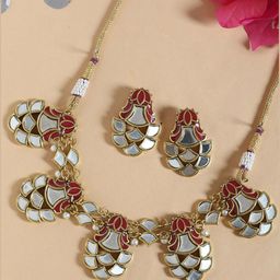 Voylla Gold-Plated Silver-Toned & Red Mirror-Studded & Red Enamelled Thikri Jewellery set-picture-4