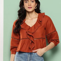 Killer Ruffled & Lace Insert Detail V-Neck Puff Sleeves Crop Top-image-21