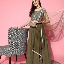 Chhabra 555 Olive Green & Gunmetal-Toned Embellished Georgette Made to Measure Maxi Dress-image-62