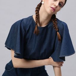 STREET 9 Navy Blue Flared Sleeves Indigo Pure Cotton Denim Smocked Styled Back Crop Top-image-59