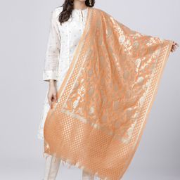 Vishudh Peach-Coloured & Silver-Coloured Woven Design Dupatta-14