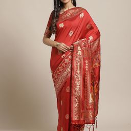 Saree mall Maroon & Gold-Toned Woven Design Zari Silk Blend Banarasi Sarees-picture-42