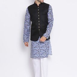 Hangup Men Blue & White Printed Kurta with Pyjamas & Nehru Jacket-picture-17