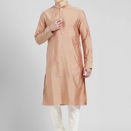 KISAH Men Peach-Coloured & White Solid Kurta with Churidar-18