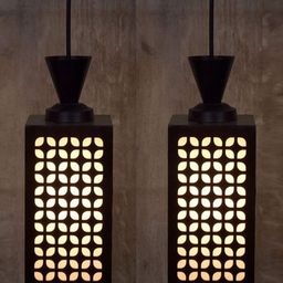 Gojeeva Black & White 2 Pieces Textured Contemporary Wooden Rectangle Shaped Hanging Lamp-picture-13