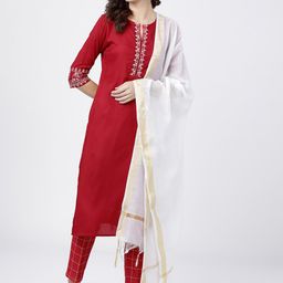 Vishudh Women Red & Off-White Yoke Design Kurta with Trousers & Dupatta-image-52