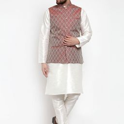 Jompers Men Off-White & Maroon Self Design Kurta with Churidar-image-54