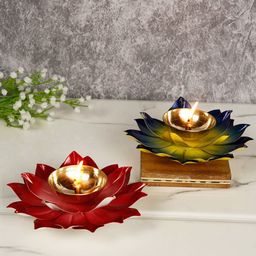 CraftVatika Set of 2 Red Lotus-Shaped Pooja Diya Oil Lamp-14
