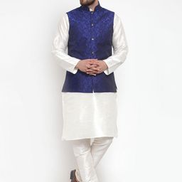 Jompers Men Off-White & Navy Blue Self Design Kurta with Churidar & Nehru Jacket-11