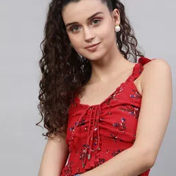 STREET 9 Red & Blue Floral Printed Flutter Sleeves Smocked Fitted Crop Top-image-8