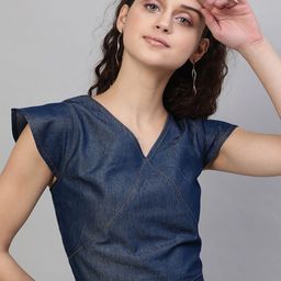 STREET 9 Navy Blue Flutter Sleeves Pure Cotton Denim Regular Crop Top-image-7