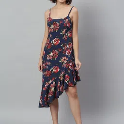 KASSUALLY Navy Blue Floral Crepe A-Line Midi Dress-image-89