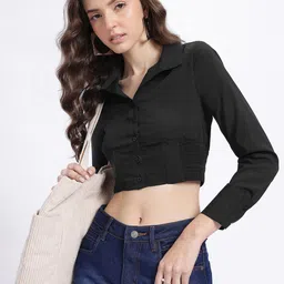 glitchez Smocked Charm Shirt Style Crop Top-image-19