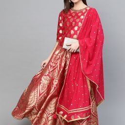 WISHFUL by W Pink & Golden Woven Design Ready to Wear Lehenga & Blouse with Dupatta-image-25