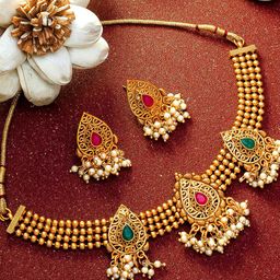 aadita Gold-Plated Green & Pink Stone-Studded Beaded Choker Jewellery Set-28