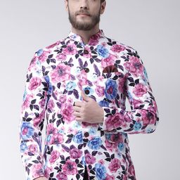 Hangup Men White & Pink Printed Bandhgala Casual Blazer-image-95