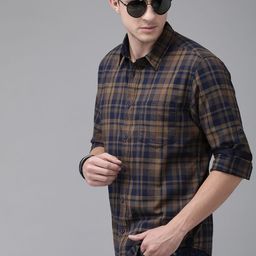 Roadster Men Olive Brown & Navy Blue Checked Pure Cotton Sustainable Casual Shirt-image-76