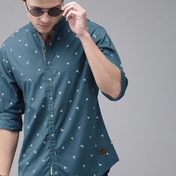 Roadster Men Teal Blue & White Conversational Printed Pure Cotton Sustainable Casual Shirt-image-80