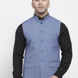 Wintage Men Blue Self Design Satin Nehru Jacket-picture-1