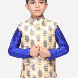 NAMASKAR Boys Cream-Colored & Grey Floral Print Nehru Jacket-42