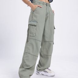 DressBerry Women Panelled Vintage Wash Cargo-Style Baggy Jeans-image-7
