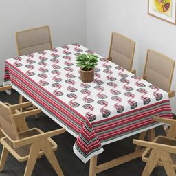 Clasiko White & Red Floral Printed Cotton 6-Seater Rectangle Table Cloth-12