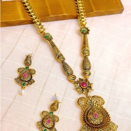 Crunchy Fashion Gold-Plated Green & Maroon Stone-Studded & Pearl Beaded Antique Jewellery Set-image-75