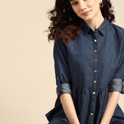 all about you Women Navy Blue Solid Pure Cotton Dark Wash Denim Shirt-image-56