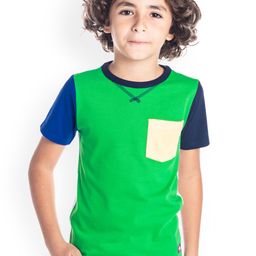 Cherry Crumble Boys Green & Navy Blue Colourblocked Round Neck T-shirt-20