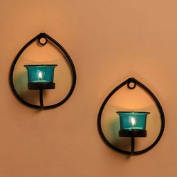 Homesake Set of 2 Black & Turquoise Blue Candle Holders-3