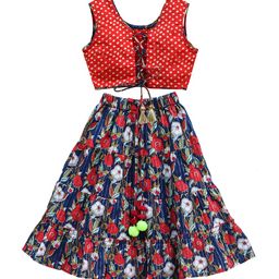 My Little Lambs Girls Navy Blue & Red Floral Print Cotton Ready to Wear Lehenga & Blouse-picture-12