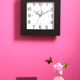 Horo White & Coffee Brown Handcrafted Square Solid Analogue Wall Clock-11