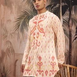 Sangria Men Ethnic Motifs Printed Band Collar Kurta with Asymmetric Hem-16