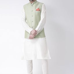 KISAH Men Green & White A-Line Kurta & Churidar With Jacket-picture-26