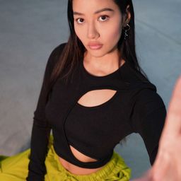 Uptownie Lite Black Round Neck Cotton Ribbed Cut Out Crop Fitted Top-image-85